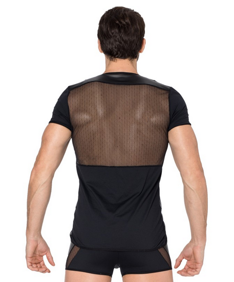 T-shirt noir, à large col avec mélange de transparence et opacité. Large col avec bordure simili cuir, zip fantaisie sur le devant