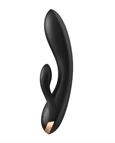 Vibromasseur rabbit noir Double Flex de chez Satisfyer, stimule le point G, le clitoris et les lèvres externes, grâce à sa double stimulation