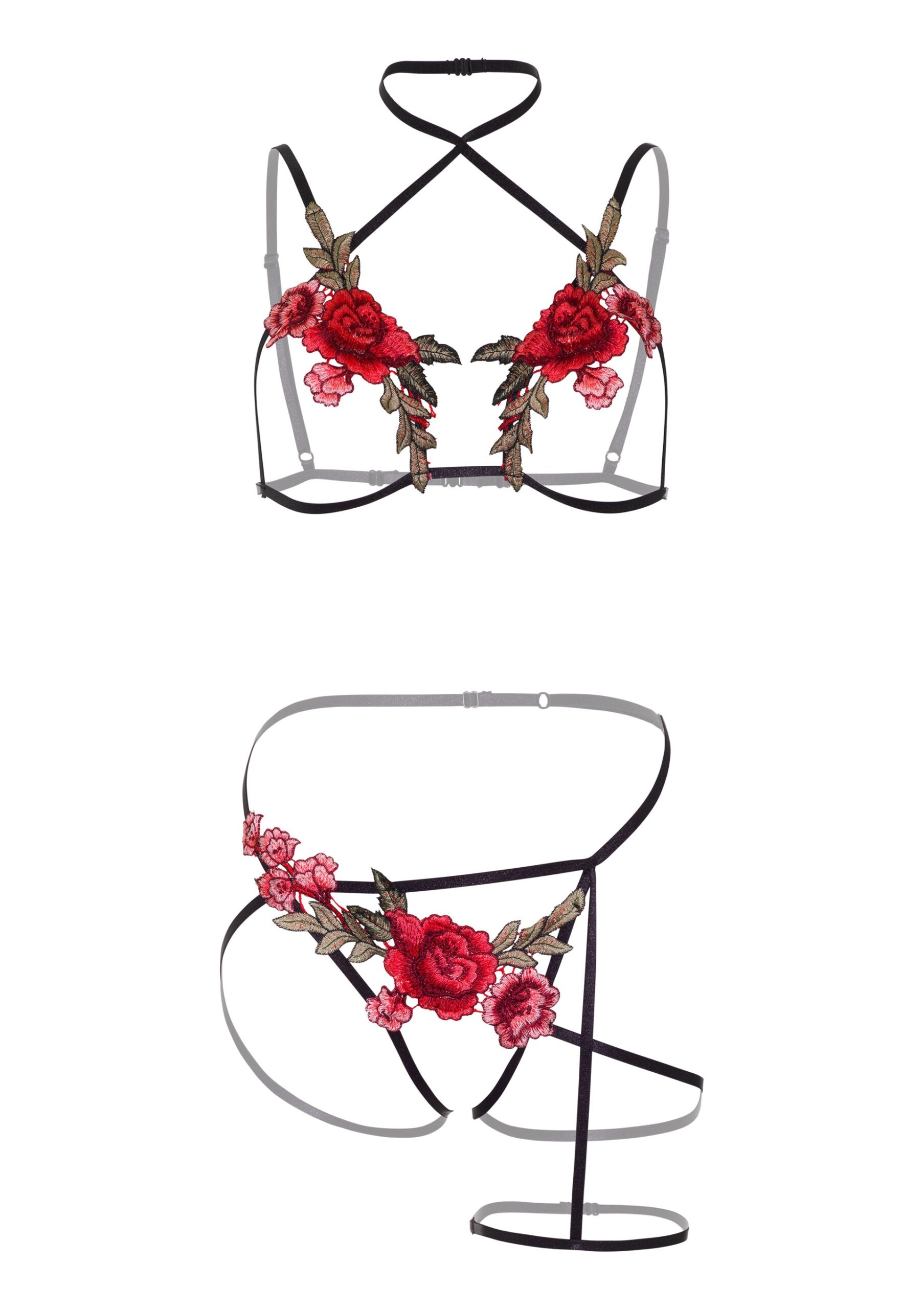 Cet ensemble soutien-gorge avec des roses et d'un porte-jarretelles fin avec une coupe string et roses