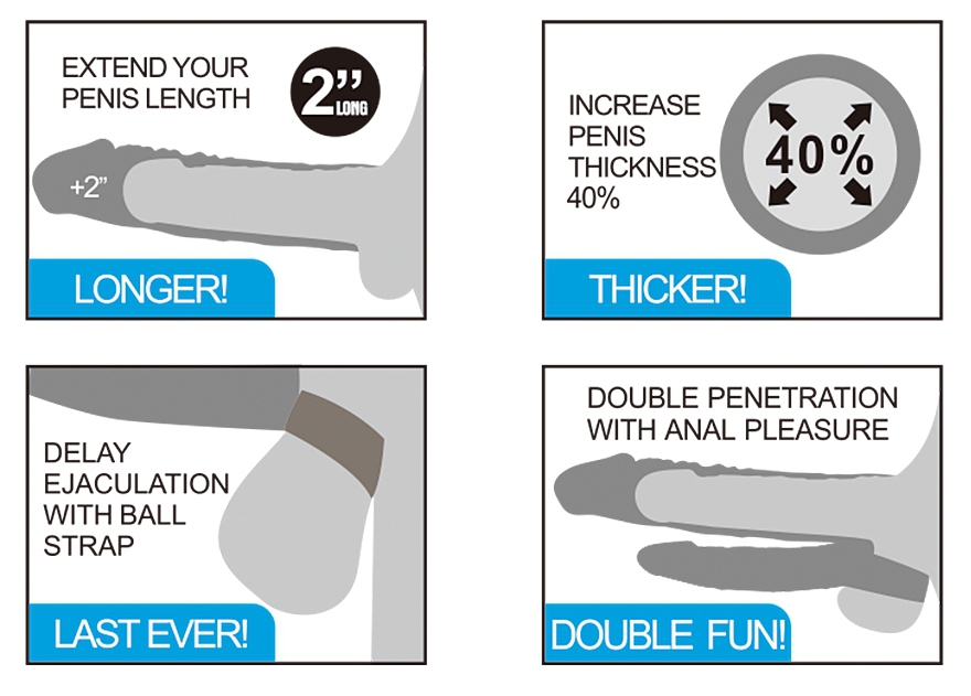 une gaine pénienne conçue avec deux godes permettant de simuler une double pénétration avec un sexe plus gros.