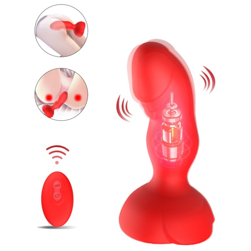 Plug vibrant rouge avec une forme de pénis en silicone. Avec 10 modes de vibrations